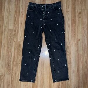 Black Daisy-Embroidered High-Waist Jeans